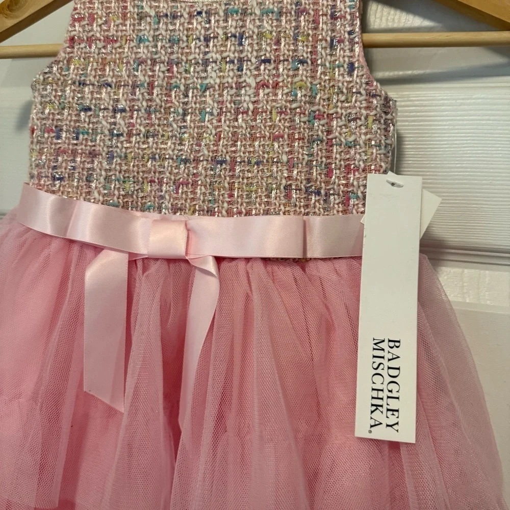 NWT Badgley Mischka Tweed Bodice Tiered Tulle Skirt Girls Dress with Bag Set